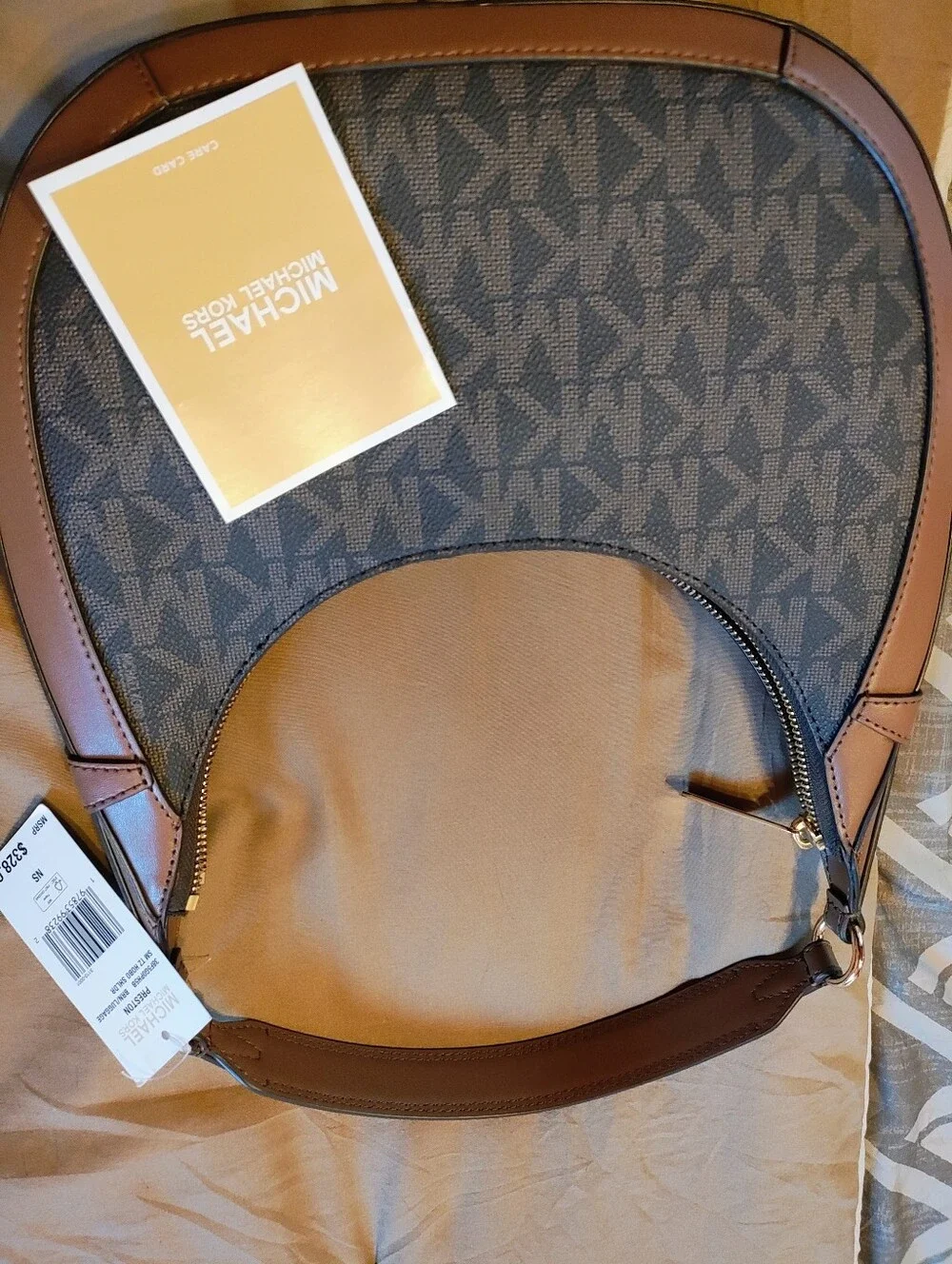 Michael Kors Navy MK Logo Crescent Hobo with Brown Trim